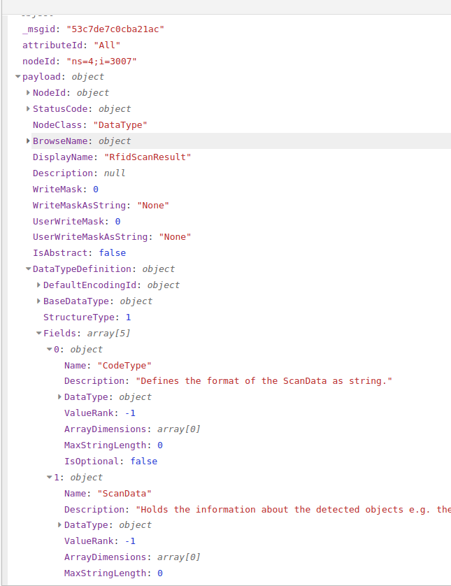 Debug output of an All-attributes read "Debug output of an All-attributes read showing a DataType definition"