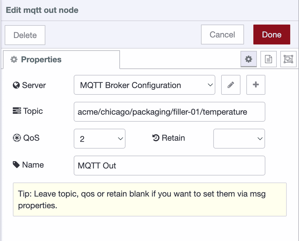 MQTT-out Node Configuration MQTT-out node configuration panel settings