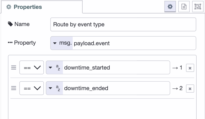 Screenshot: switch node with two rules routing on payload.event